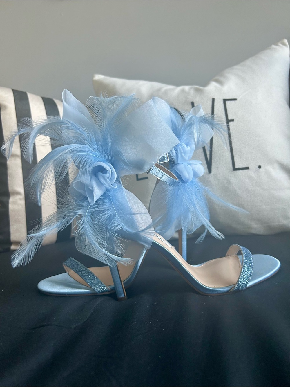 Nina Powder Blue Feather & Bow Heeled Sandals